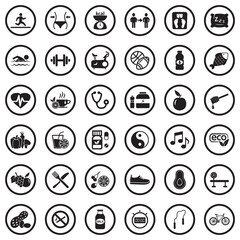 Health And Wellness Icons. Black Flat Design In Circle. Vector Illustration.