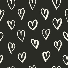 Hand drawn hearts seamless pattern. Cute cartoon stylized simple shapes. Perfect for gift card, wallpaper, wrapping paper and package print, fabric and any surface design. Black and white