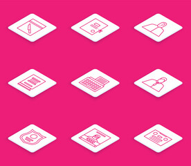 Set line Evidence bag and knife, Lawsuit paper, Anonymous with question mark, book, Retro typewriter, Lawyer, attorney, jurist, Police badge and Wanted poster icon. Vector