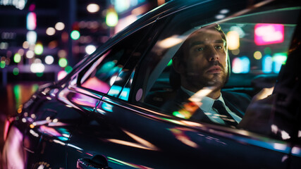 Handsome Businessman in a Suit Commuting from Office in a Backseat of His Car at Night....