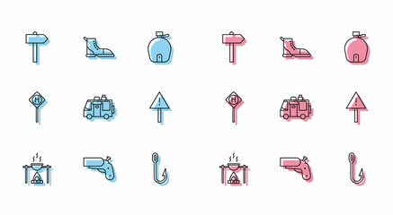 Set line Campfire and pot, Flare gun pistol, Road traffic signpost, Fishing hook, Rv Camping trailer, Exclamation mark triangle, Parking and Hiking boot icon. Vector