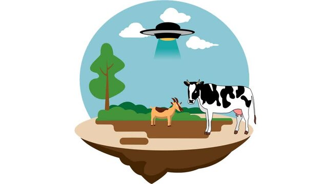 UFO kidnaps goats and cows. Illustration of Aliens Attack with spaceship and UFO light beam to Earth.