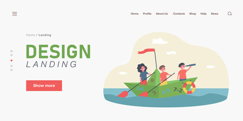 Fototapeta premium Cute kids sailing on boat with numbers. Math, study, sea flat vector illustration. Education and exploration concept for banner, website design or landing web page