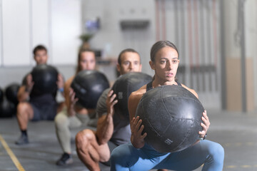 Group of fit athletes making squats using medicine balls in a cross training gym