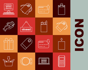 Set line Pos terminal, Blank label template price tag, Credit card, Hanging sign with text Closed, Human hand holding credit, Shopping building on screen computer and food icon. Vector