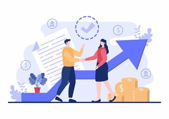 B2B or Business to Business Marketing Vector Illustration. Businessmen and Client Shaking Hands After Set Strategy, Sales and Commerce for Agreed Transaction