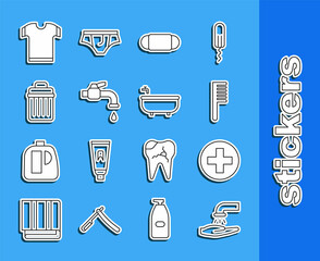 Set line Washing hands with soap, Cross hospital medical, Hairbrush, Medical protective mask, Water tap, Trash can, T-shirt and Bathtub icon. Vector