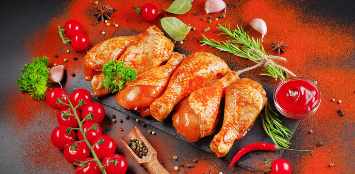 Marinated product, quick cooking.Barbecue marinated chicken dramstik on a black cooking board, with fresh rosemary leaves and fresh cherry tomatoes and various spices, close-up.Semi-finished product.