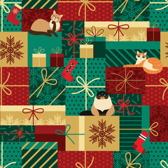 holiday boxes and cats make up a seamless pattern
