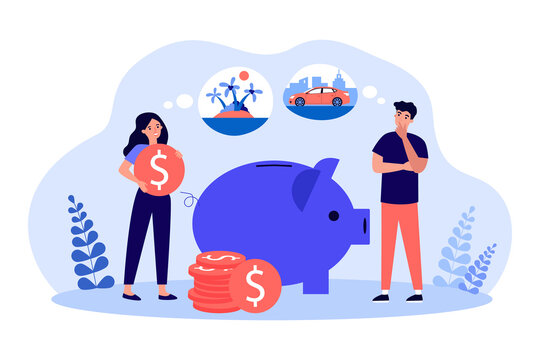Tiny People Saving Money In Piggy Bank. Man And Woman Dreaming Of New Car And Vacation Flat Vector Illustration. Dream About Financial Freedom Concept For Banner, Website Design Or Landing Web Page