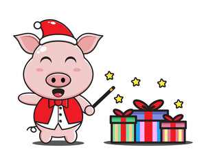 cute cartoon pig with christmas gift