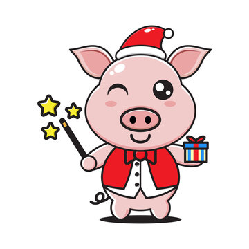 cute cartoon pig with christmas gift