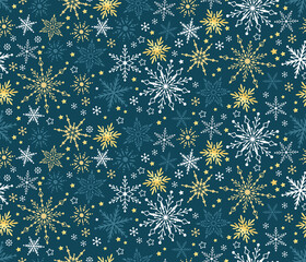Winter pattern seamless background with snowflakes. Silver gold and neavy christmas motif