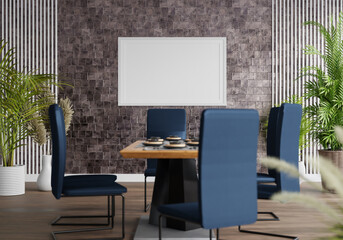 3D mockup photo frame on wall in dining room