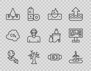 Set line Hands holding Earth globe, Wind turbine, Iceberg, Withered tree, Deforestation, Face protective mask, Medical and Television report icon. Vector