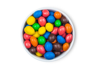 Various Milk chocolate sweet candies with a rice centre in a sugar shell on white background.