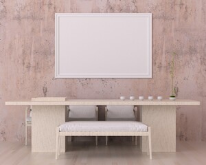 3D mockup photo frame on wall in dining room