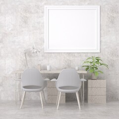 3D mockup photo frame on wall workplace at home