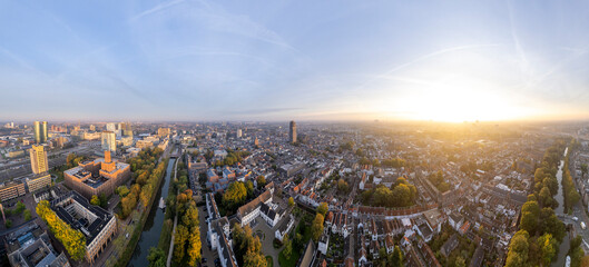 Panoramic aerial view of the medieval Dutch city centre of Utrecht with cathedral towering over the...