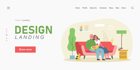 Cartoon grandparents and little grandchild. Flat vector illustration. Grandfather, grandmother sitting on couch, holding little baby in blue blanket with cat beside. Family, grandparents, pet concept