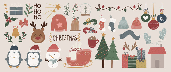 Cute happy new year and merry Christmas hand drawn doodle vector set. 