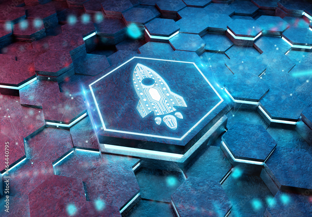 Poster Spaceship icon innovation concept engraved on metal hexagonal pedestral background. Rocket startup logo glowing on abstract digital surface. 3d rendering