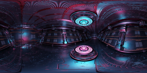 HDRI panoramic view of dark blue pink spaceship interior. High resolution 360 degrees panorama reflection mapping of a futuristic spacecraft with projector 3D rendering