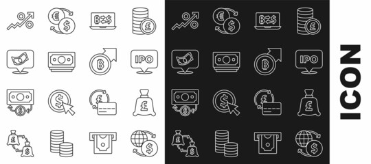 Set line Money exchange, Coin money with pound, IPO, Cryptocurrency, Stacks paper cash, Percent up arrow and Financial growth and bitcoin icon. Vector