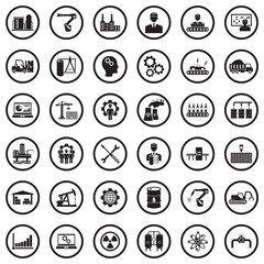 Industry Icons. Black Flat Design In Circle. Vector Illustration.