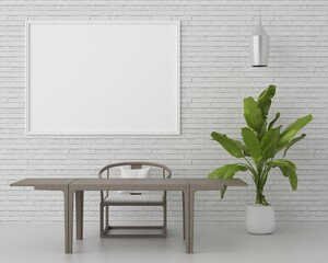 3D mockup photo frame on wall workplace at home