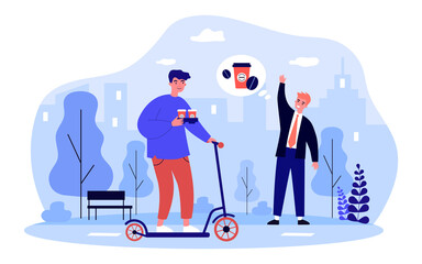 Courier delivering takeaway coffee for businessman. Deliveryman with scooter holding cups with drinks flat vector illustration. Coffee delivery concept for banner, website design or landing web page