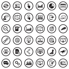 Internet Marketing Icons. Black Flat Design In Circle. Vector Illustration.