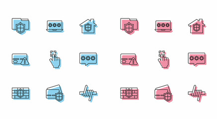 Set line Shield with brick wall, Credit card shield, Document folder protection, Barbed wire, Fingerprint, Password, and Laptop password icon. Vector