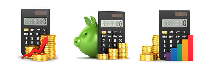 Calculator and piggy bank with coins. Calculator and coins chart. Calculator and coins chart. 3d render illustration.