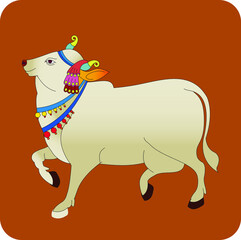 Holy cow in Kalamkari Indian traditional folk art on linen fabrics. It can be used for a coloring book, textile/ fabric prints, phone case, greeting card. logo, calendar