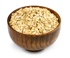 Oat flakes in a wooden bowl on a white background. Isolate.