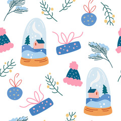 Christmas elements seamless pattern. Glass Ball, Houses, Christmas Trees, Beanie, Gifts and Toys. Hygge concept. Perfect for invitations, greeting cards, wallpaper and gift paper. Vector Illustration.