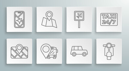 Set line Gps device with map, Folded location, Location bus, Car, Scooter, Airport, taxi and City navigation icon. Vector