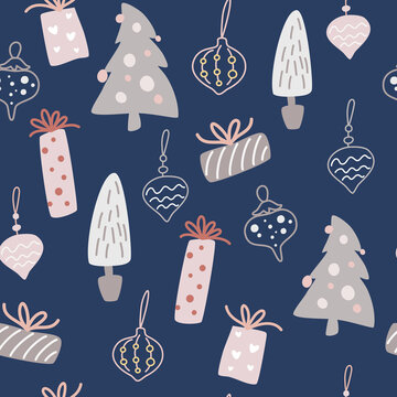 Christmas decorations and gifts seamless pattern. Winter holidays background in Scandinavian Style. Cute Vector hand draw illustration for fabric, wrapping paper, postcard design.