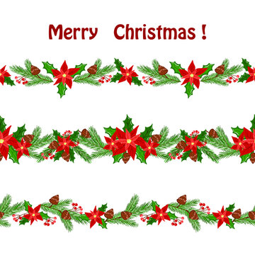 seamless vector set 3 hand drawn garland strips for christmas decoration