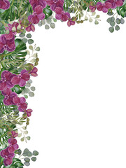 Hand painted frame of watercolor leaves of tropical plant in orchid flowers. Green botanical background. For business cards, invitations, wedding designs, postcards, textiles, websites, social  media