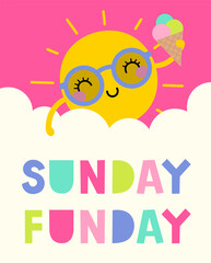 Cute sun cartoon holding an ice cream cone with text 