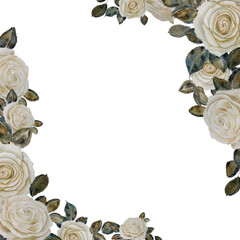 Hand painted frame with watercolor painted white roses with green leaves. Background for invitations, cards, letterheads, gift certificates, business cards, designs, websites and wedding designs.
