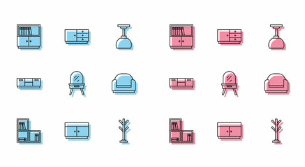 Set line Shelf with books, Chest of drawers, Library bookshelf, Coat stand, Dressing table, Armchair, Furniture nightstand and icon. Vector