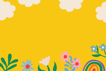 Fototapeta na wymiar Colorful flower background, cute yellow border, nature doodle in retro design vector