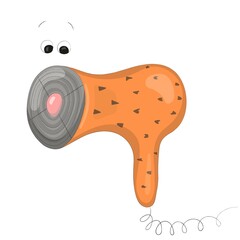 Nice cartoon hair dryer that looks like a kind character. Picture for the development of imagination. Hand drawn vector illustration