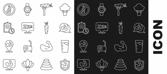 Set line Bodybuilder muscle, Glass with water, Carrot on fork, Sleepy, Sport training program, No alcohol and icon. Vector
