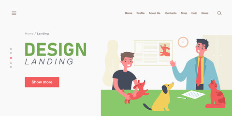 Veterinarian giving boy information about pets. Male doctor, child holding dog, animals on table flat vector illustration. Vet clinic, pets concept for banner, website design or landing web page