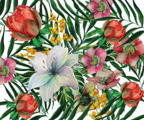 Tropical flowers and leaves. Floral background for textile and design