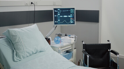 Close up of monitor used for heart rate and pulse measuring in hospital ward at facility. Nobody in emergency room with medical equipment for healthcare assistance and intensive care